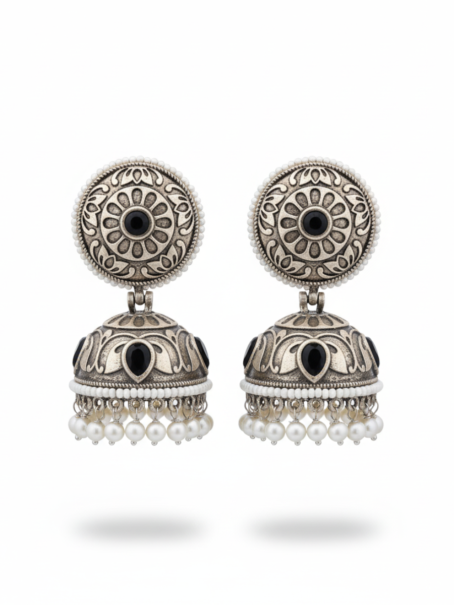 Black Stone German Silver Oxidised Jhumka Earrings