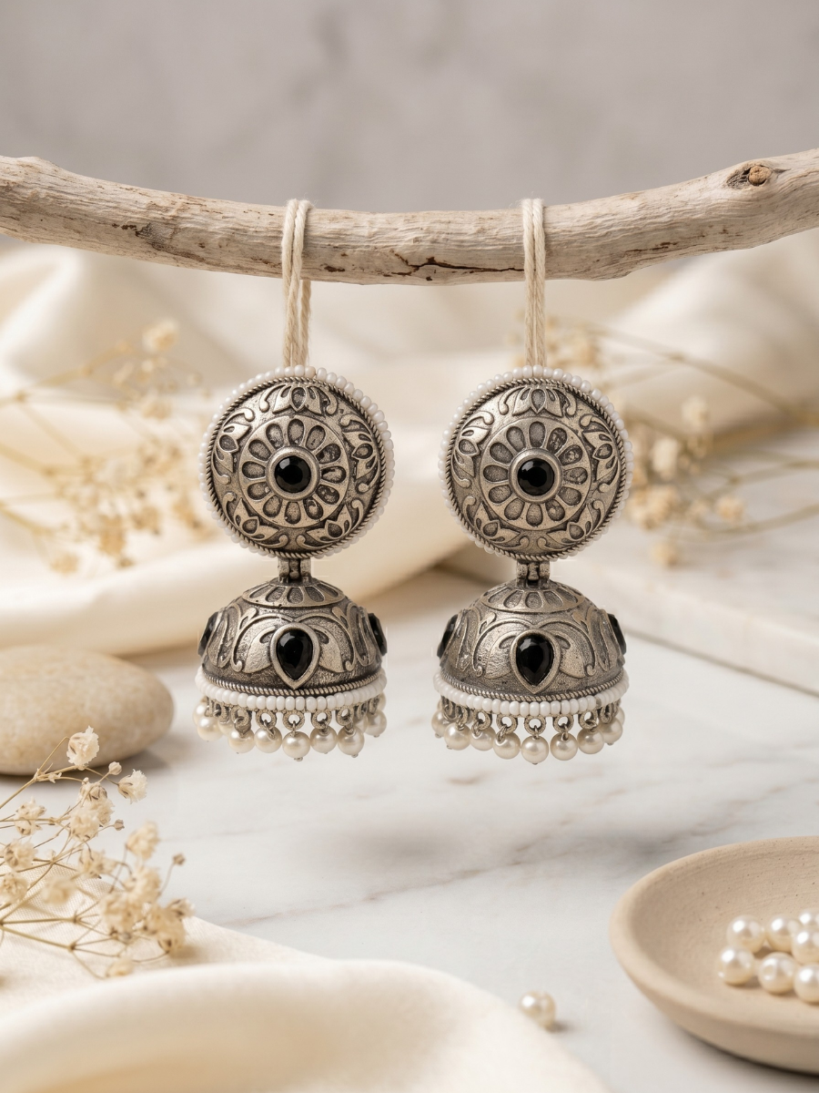 Buy Black Stone German Silver Oxidised Jhumka Earrings Online in India