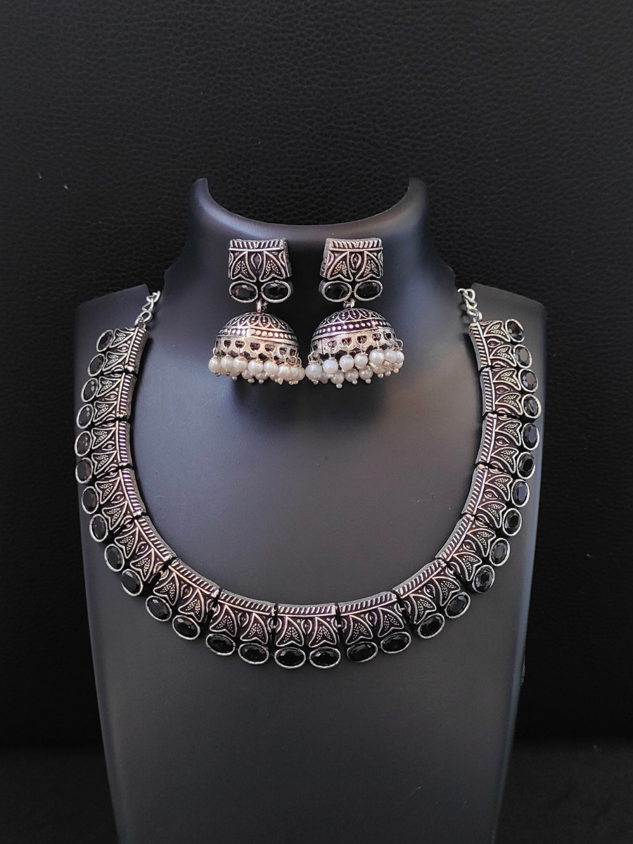 Buy Black Stone Oxidised Silver Necklace Set with Jhumka Earrings - TheJewelbox