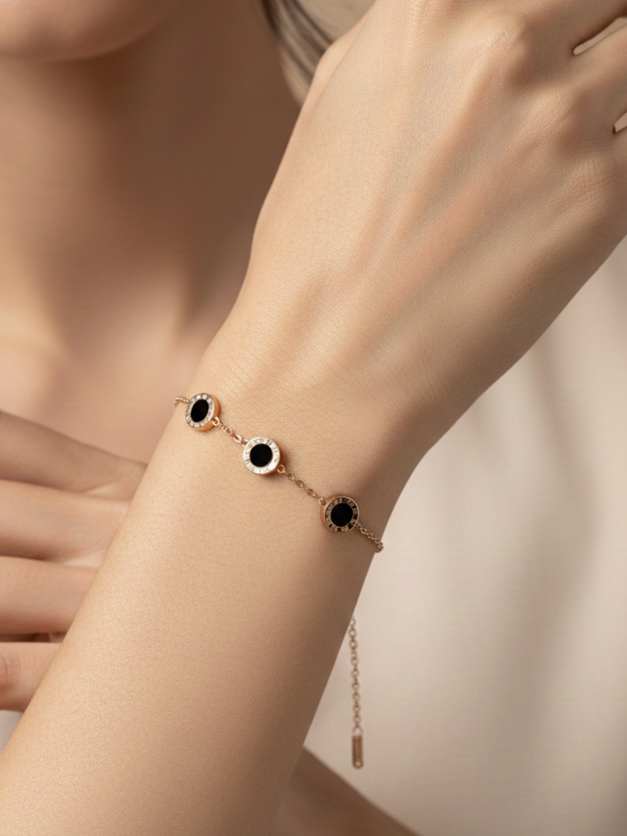 Black Stone Studded Rose Gold Minimal Statement Bracelet