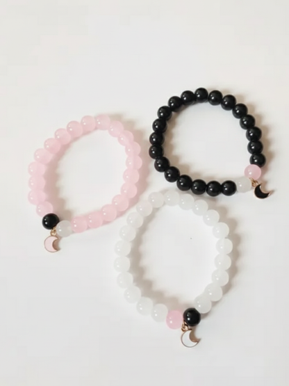 Black, Pink and White Moon Charms Beaded Bracelets