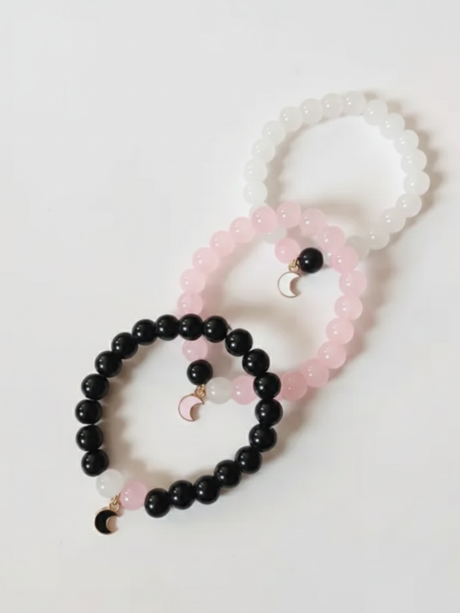 Black, Pink and White Moon Charms Beaded Bracelets