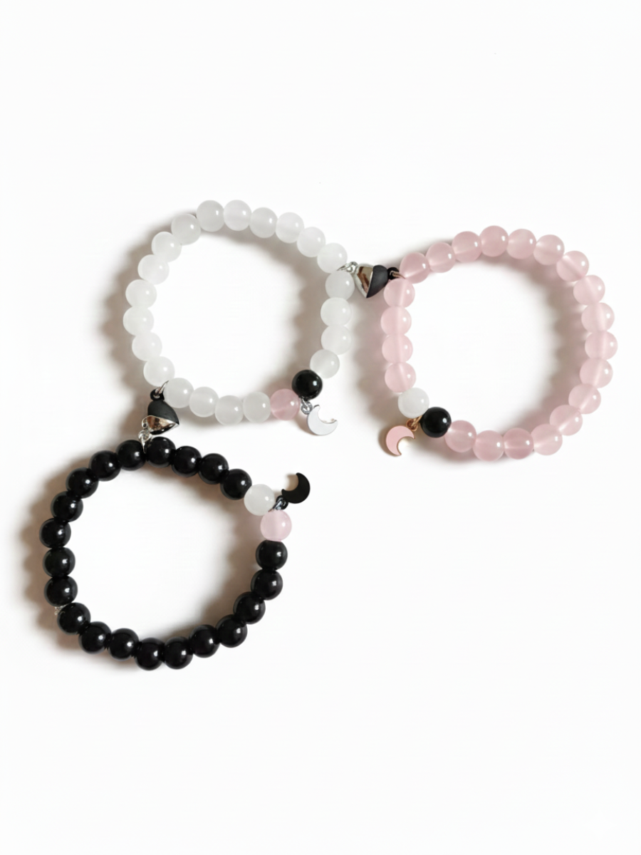 Black, White and Pink Beaded Trio Moon Charm Friendship Bracelets-TheJewelbox- - TheJewelbox