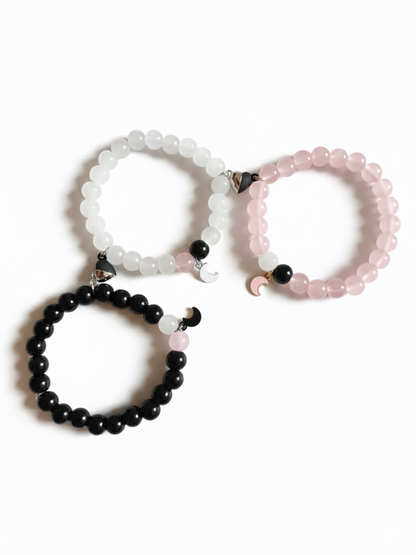 Black, White and Pink Beaded Trio Moon Charm Friendship Bracelets-TheJewelbox- - TheJewelbox