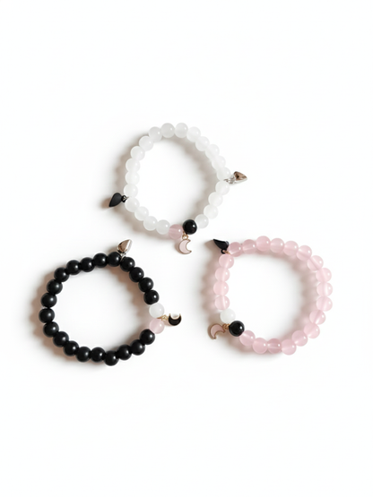 Trio Moon Charm Black, White and Pink Beaded Friendship Bracelets