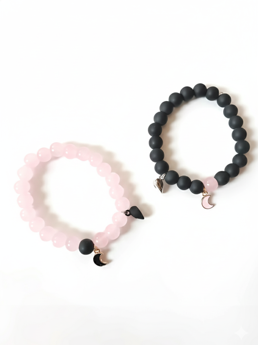 Moon Charms Black and Pink Magnetic Couple Bracelets