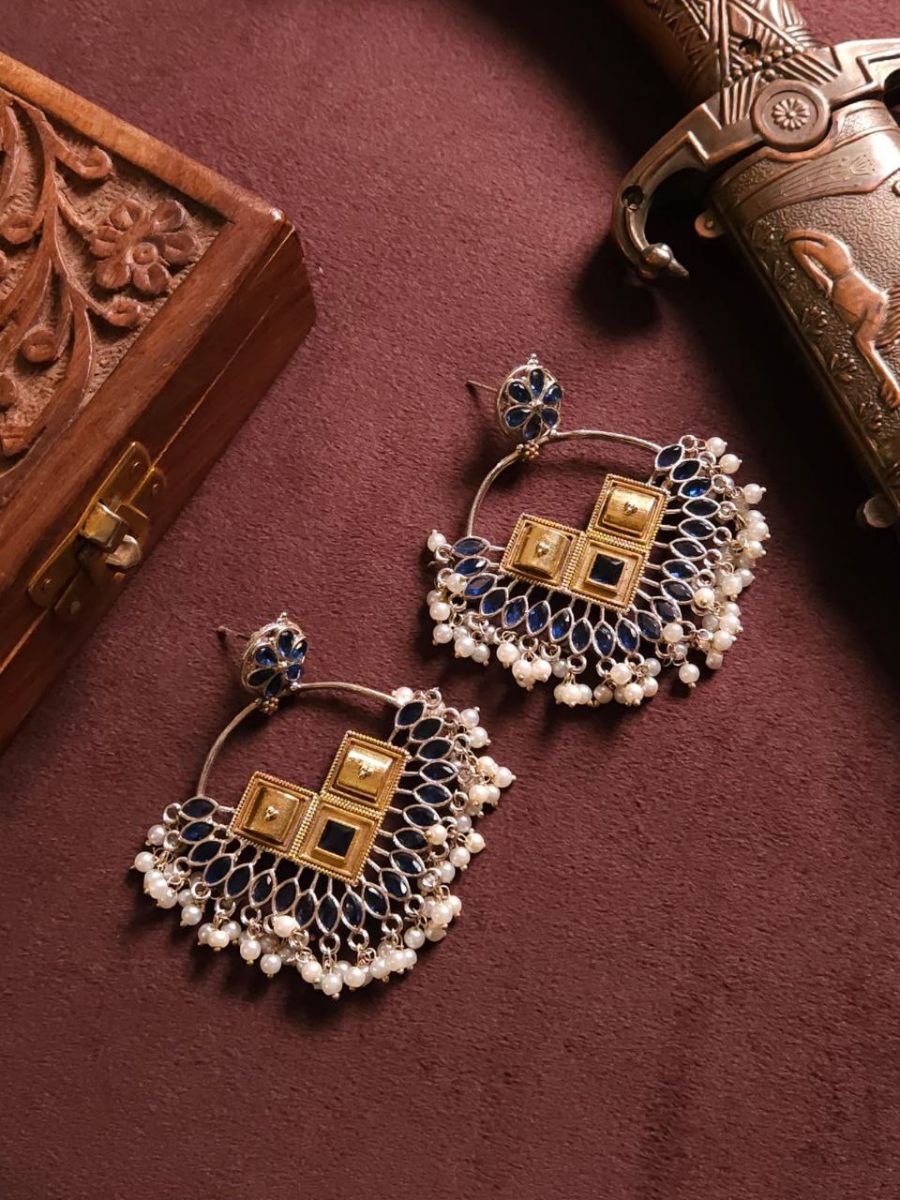 Buy Blue Dual Tone German Silver Oxidised Chandbali Earrings - TheJewelbox