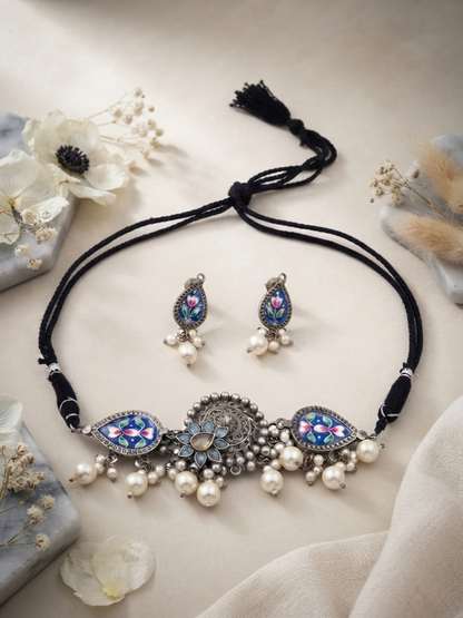 Blue Enamel Floral Oxidised Silver Pearl Beaded Choker Necklace