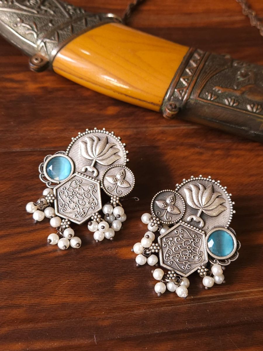 Buy Blue Monalisa Stone German Silver Oxidised Stud Earrings - TheJewelbox