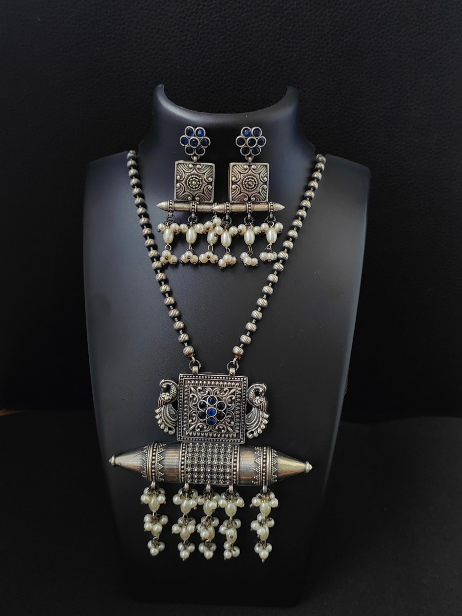 Buy Blue Stone Big German Silver Oxidised Pendant Necklace Set - TheJewelbox
