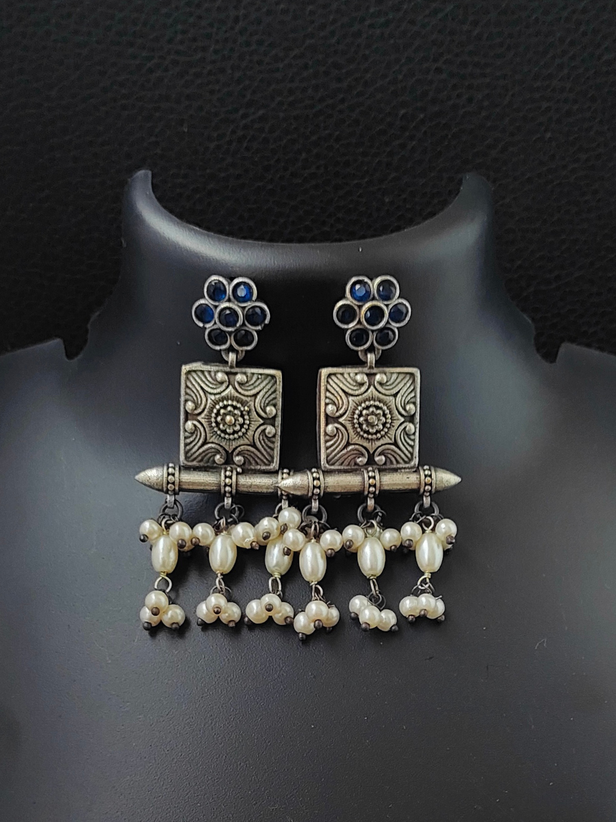 Blue Stone German Silver Oxidised Earrings