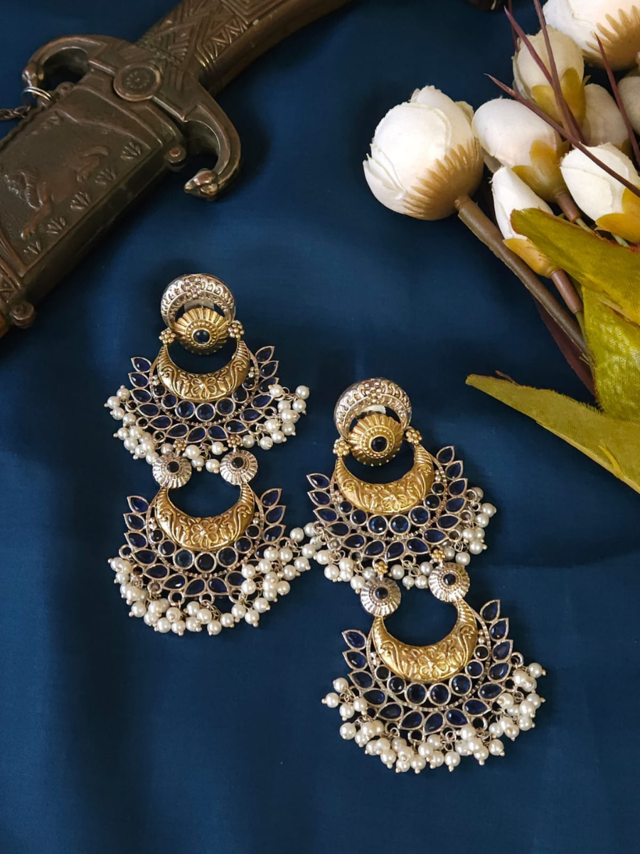 Buy Blue Stone Dual Gold and Silver Tone Chandbali Earrings - TheJewelbox