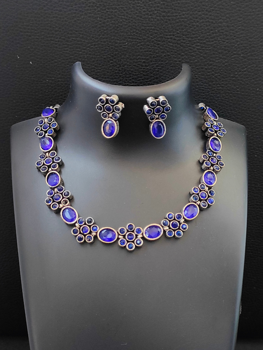 Buy Blue Stone Floral Style Oxidised Silver Necklace Set - TheJewelbox