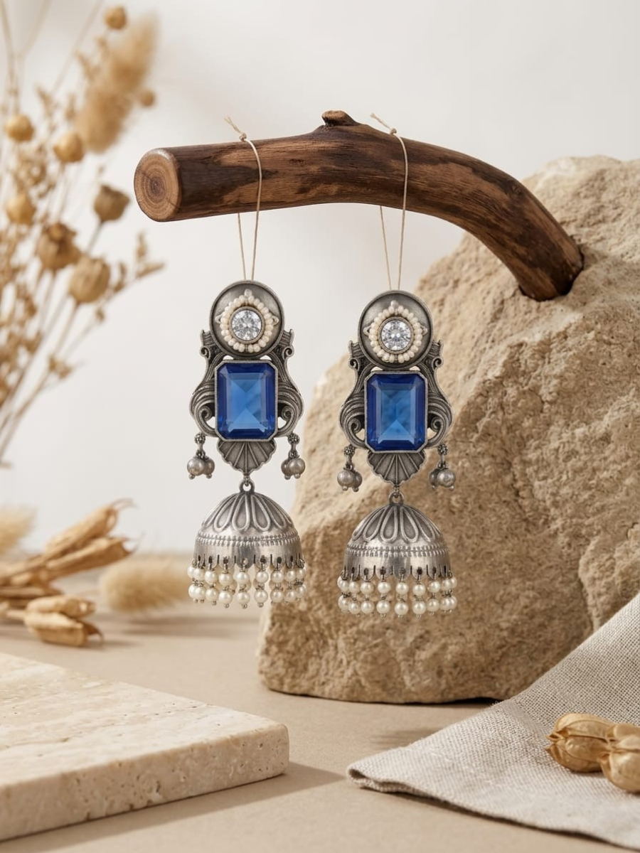 Buy Blue Stone Studded German Silver Oxidised Big Jhumka Earrings online in India