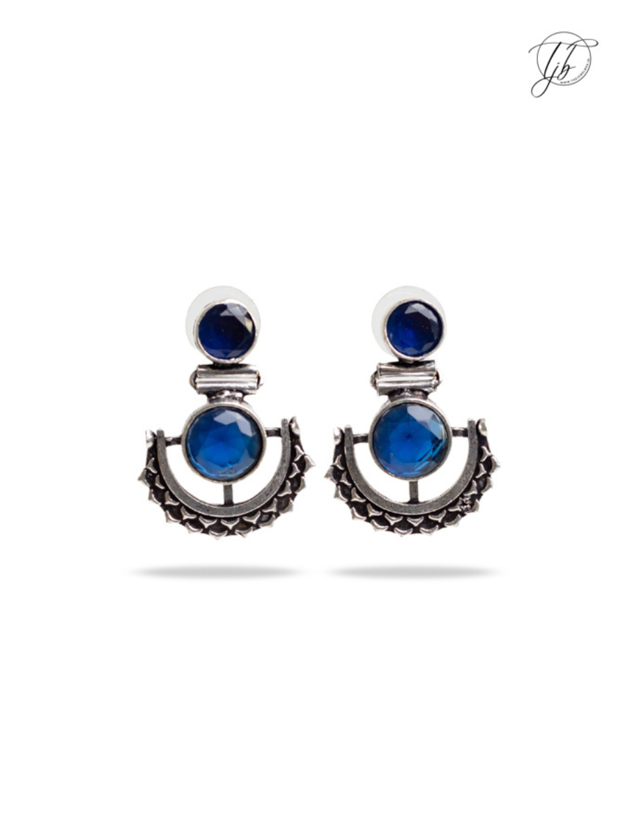 Blue Stone Studded Oxidised Silver Dangler Earrings