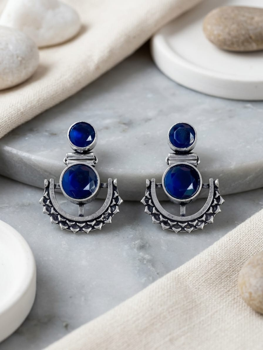 Buy Blue Stone Studded Oxidised Silver Dangler Earrings Online in India