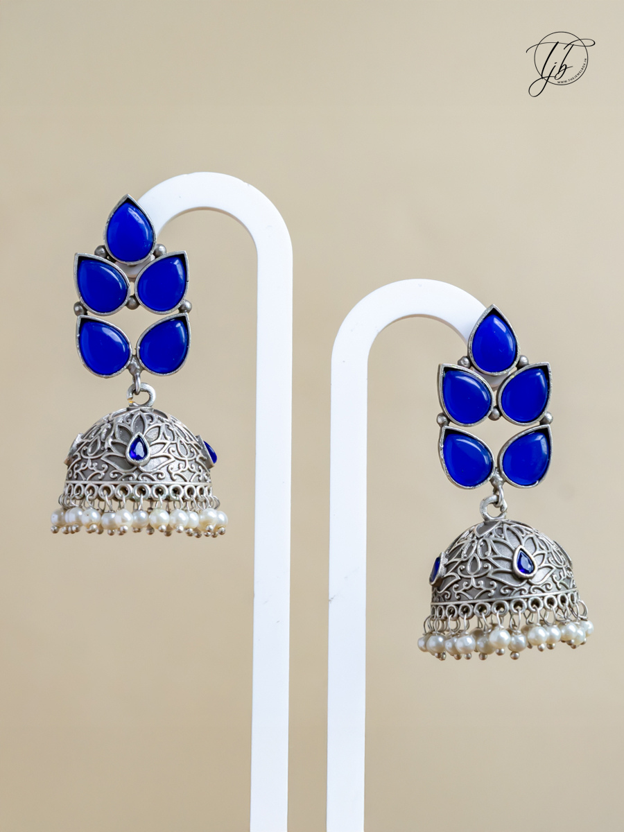 Buy Blue Stones Leaf Shaped Big Oxidised Silver Jhumka Earrings Online - TheJewelbox