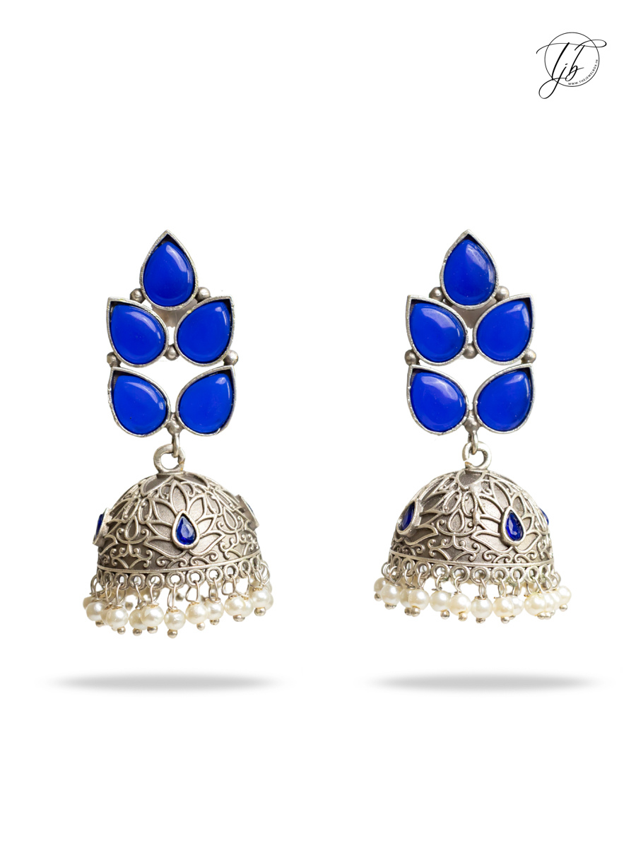 Blue Stones Leaf Shaped Big Oxidised Silver Jhumka Earrings
