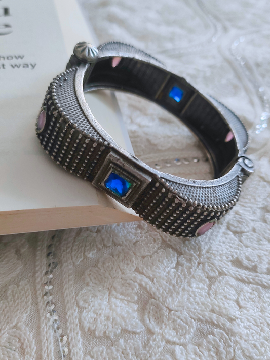 Blue and Baby Pink German Silver Oxidised Square Kada - TheJewelbox