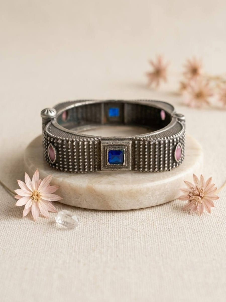 Buy Blue and Baby Pink German Silver Oxidised Square Kada Online in India