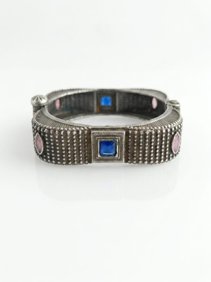 Blue and Baby Pink German Silver Oxidised Square Kada