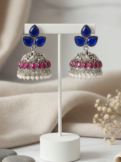 Blue and Pink Peacock Style Oxidised Silver Jhumka
