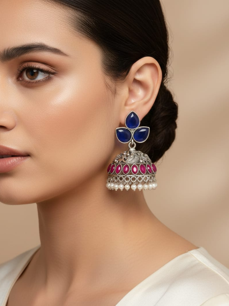 Blue and Pink Peacock Style Oxidised Silver Jhumka