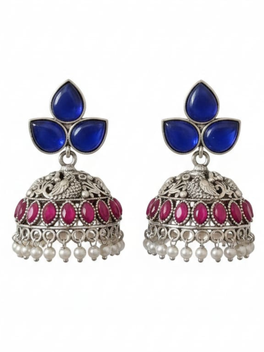 Blue and Pink Peacock Style Oxidised Silver Jhumka