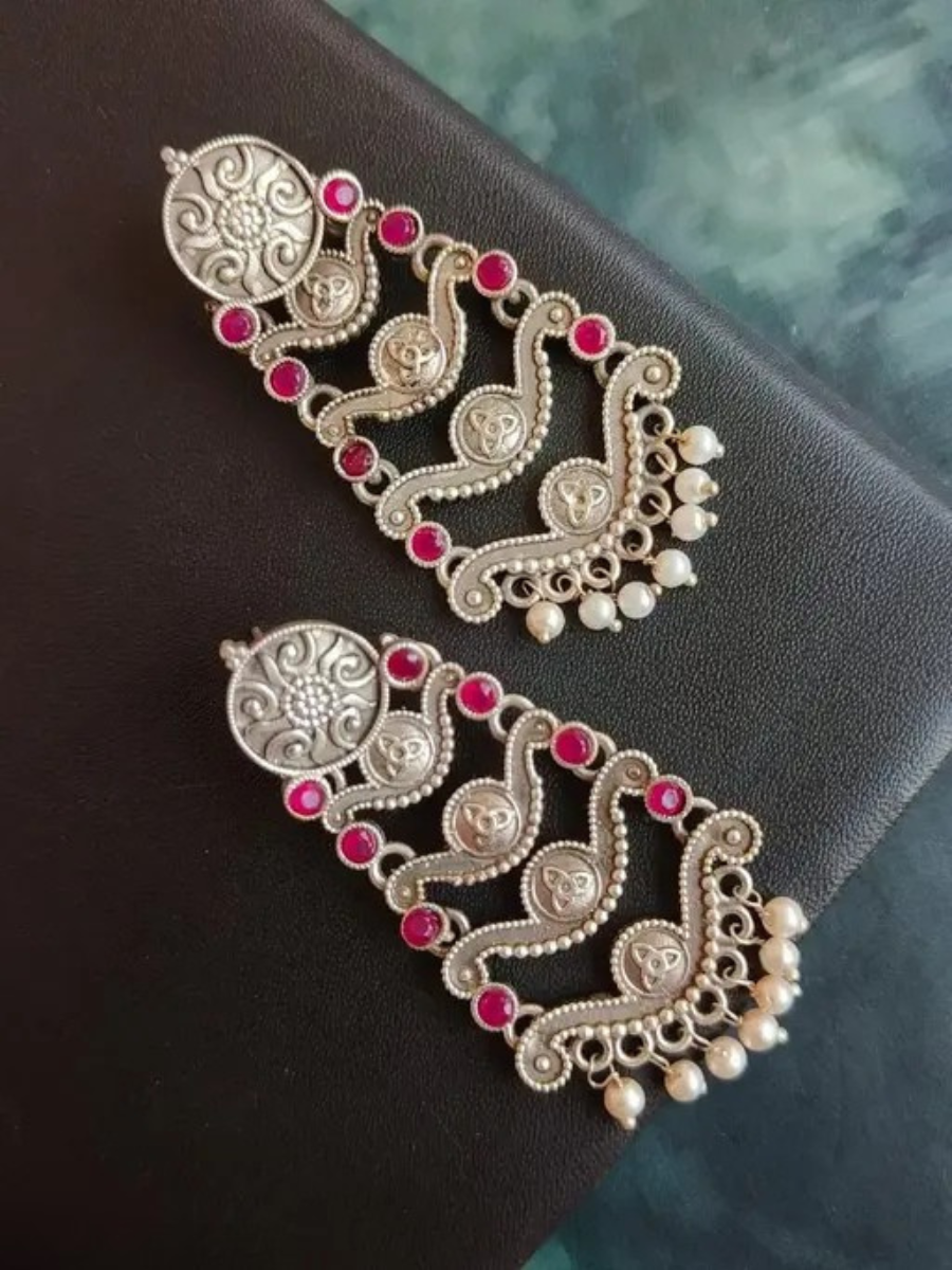 Buy Bohemian Red Stone Oxidised Silver Long Earrings Online - TheJewelbox