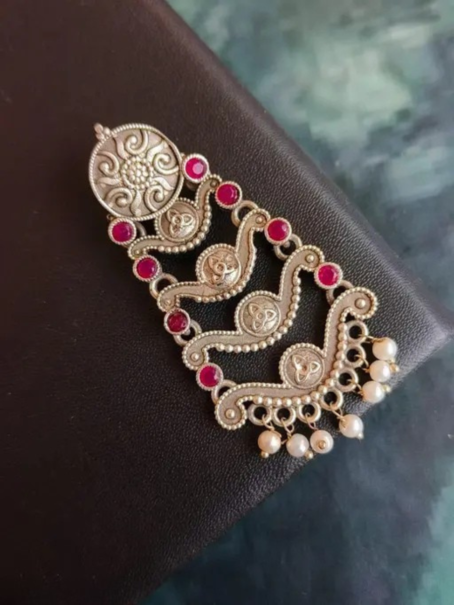 Bohemian Red Stone Oxidised Silver Long Earrings