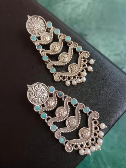 Buy Bohemian Turquoise Stones Oxidised Silver Long Earrings Online - TheJewelbox