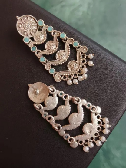 Bohemian Oxidised Silver Turquoise Stones Long Earrings