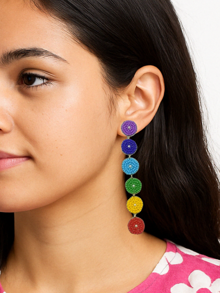 Boho Style Rainbow Multicolor Beaded Long Drop Earrings