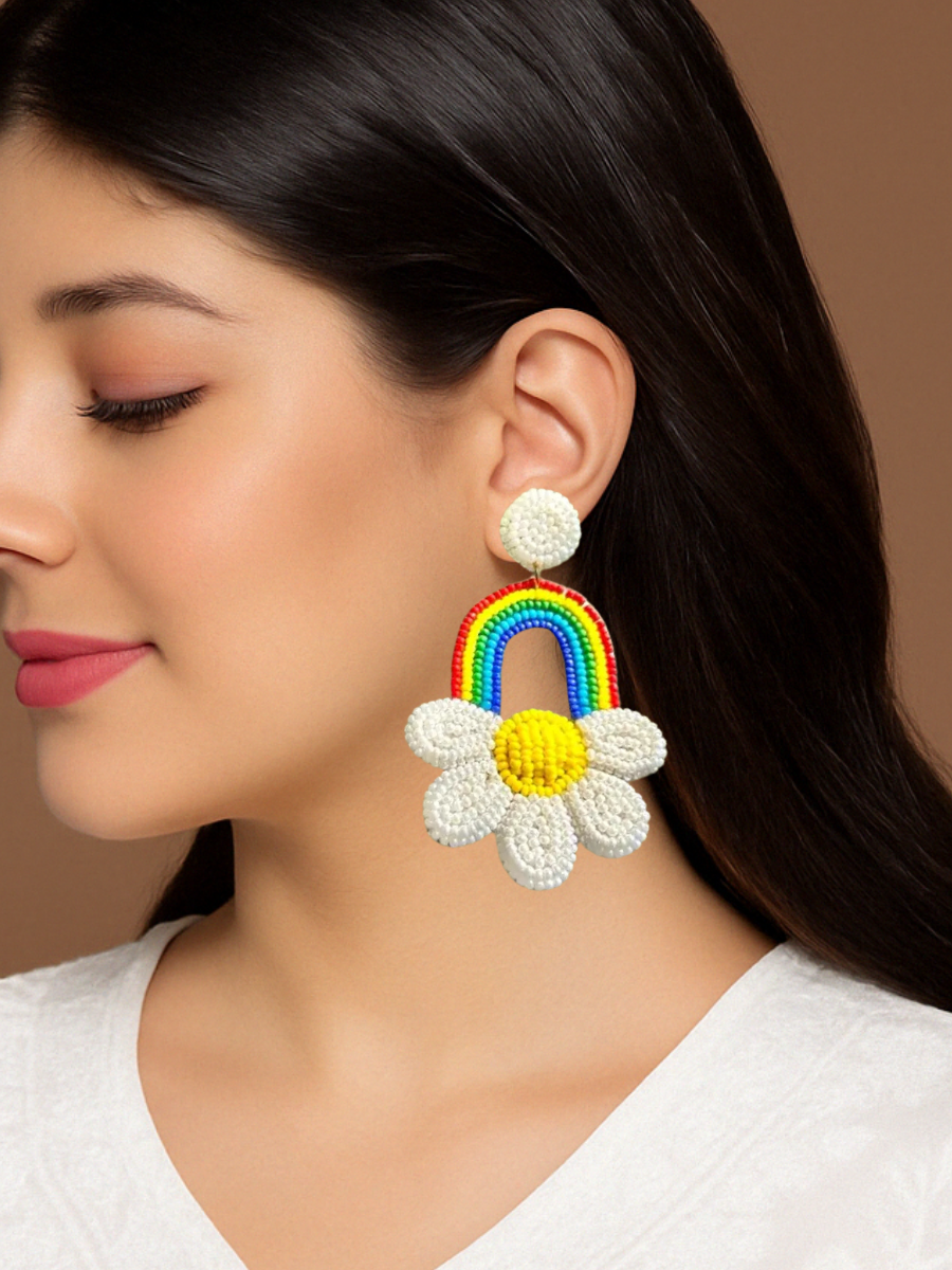 Boho Style Rainbow and Daisy Flower Beaded Drop Earrings