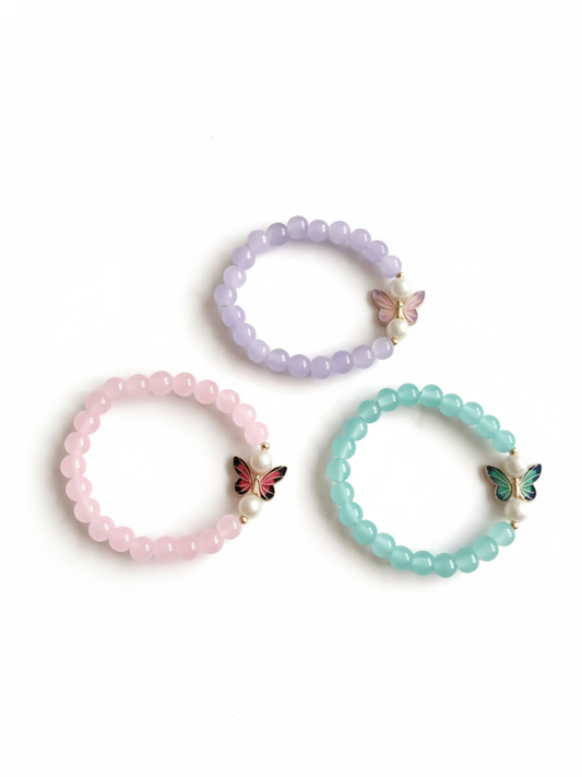 Butterfly Charm Pink, Purple and Blue Beaded Trio BFF Bracelets - TheJewelbox