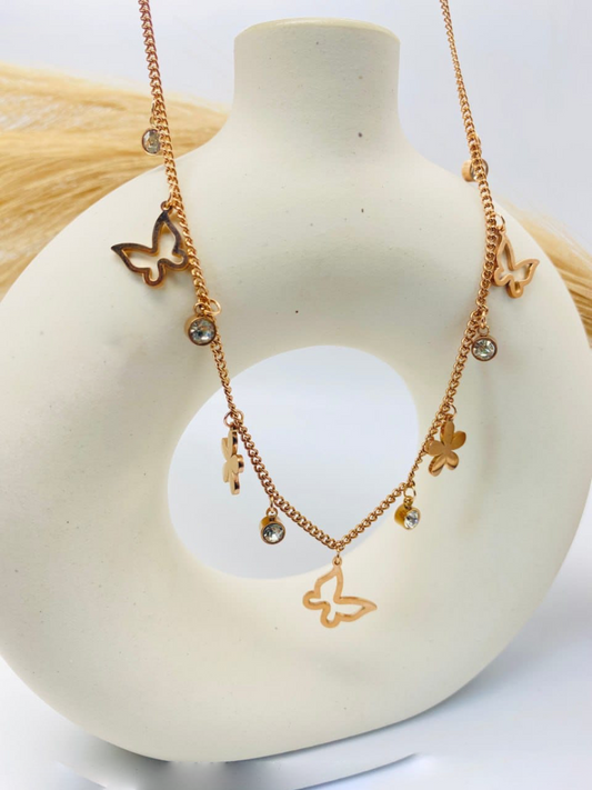 Butterfly and Diamond Charms Rose Gold Chain Necklace - TheJewelbox
