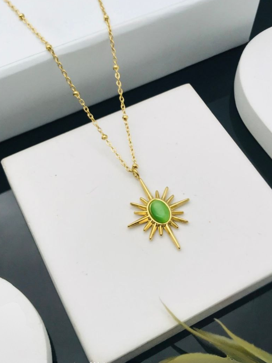 Celestial Green Sunburst Pendant Gold Chain Necklace