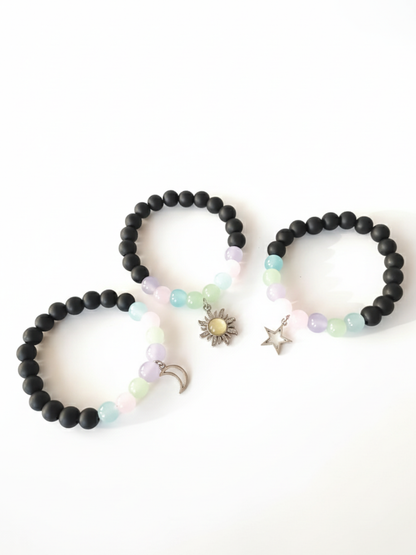 Celestial Star, Moon and Sun Charms Black and Pastel Beaded Bracelets-TheJewelbox-