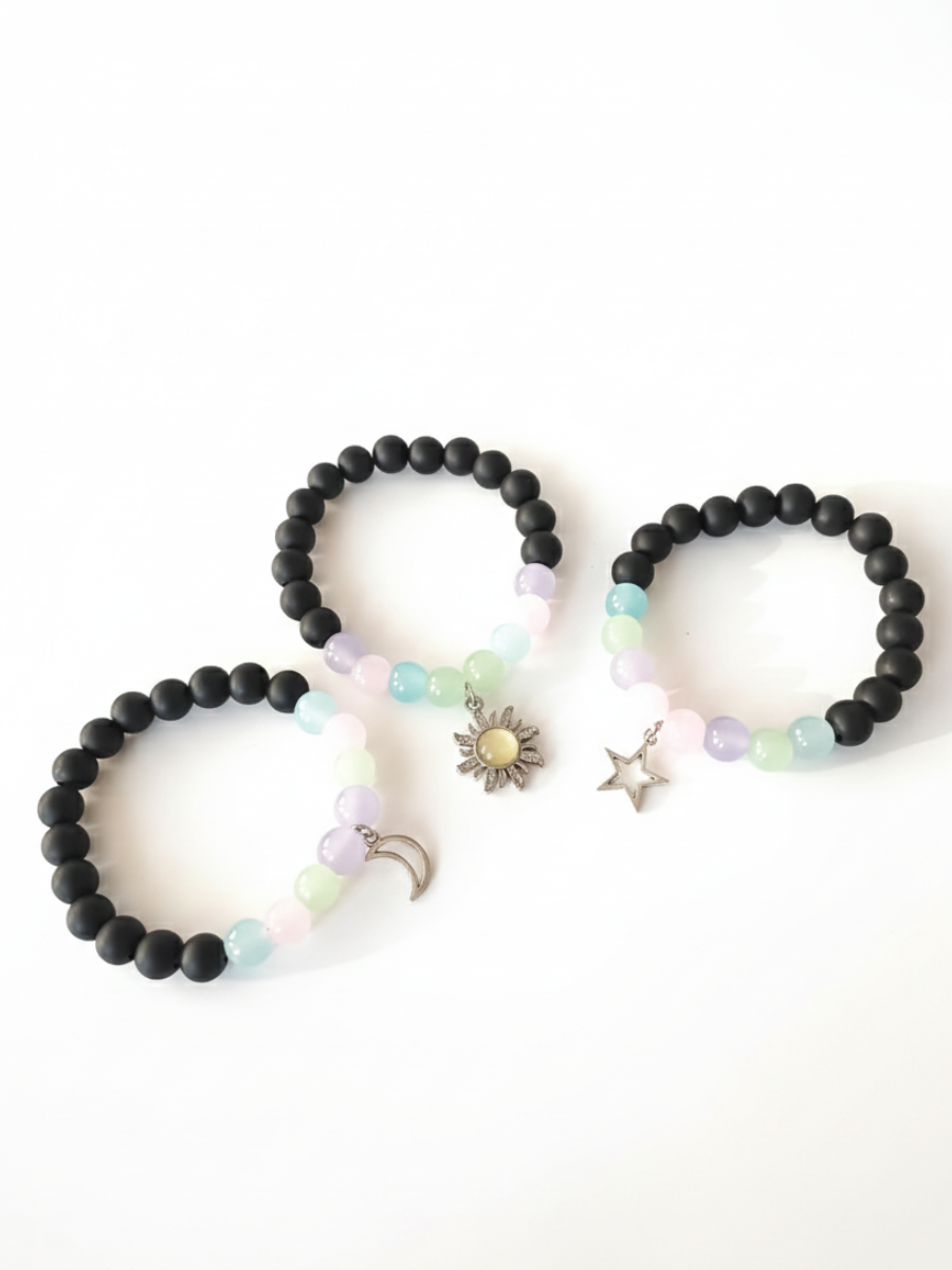 Celestial Star, Moon and Sun Charms Black and Pastel Beaded Bracelets-TheJewelbox-