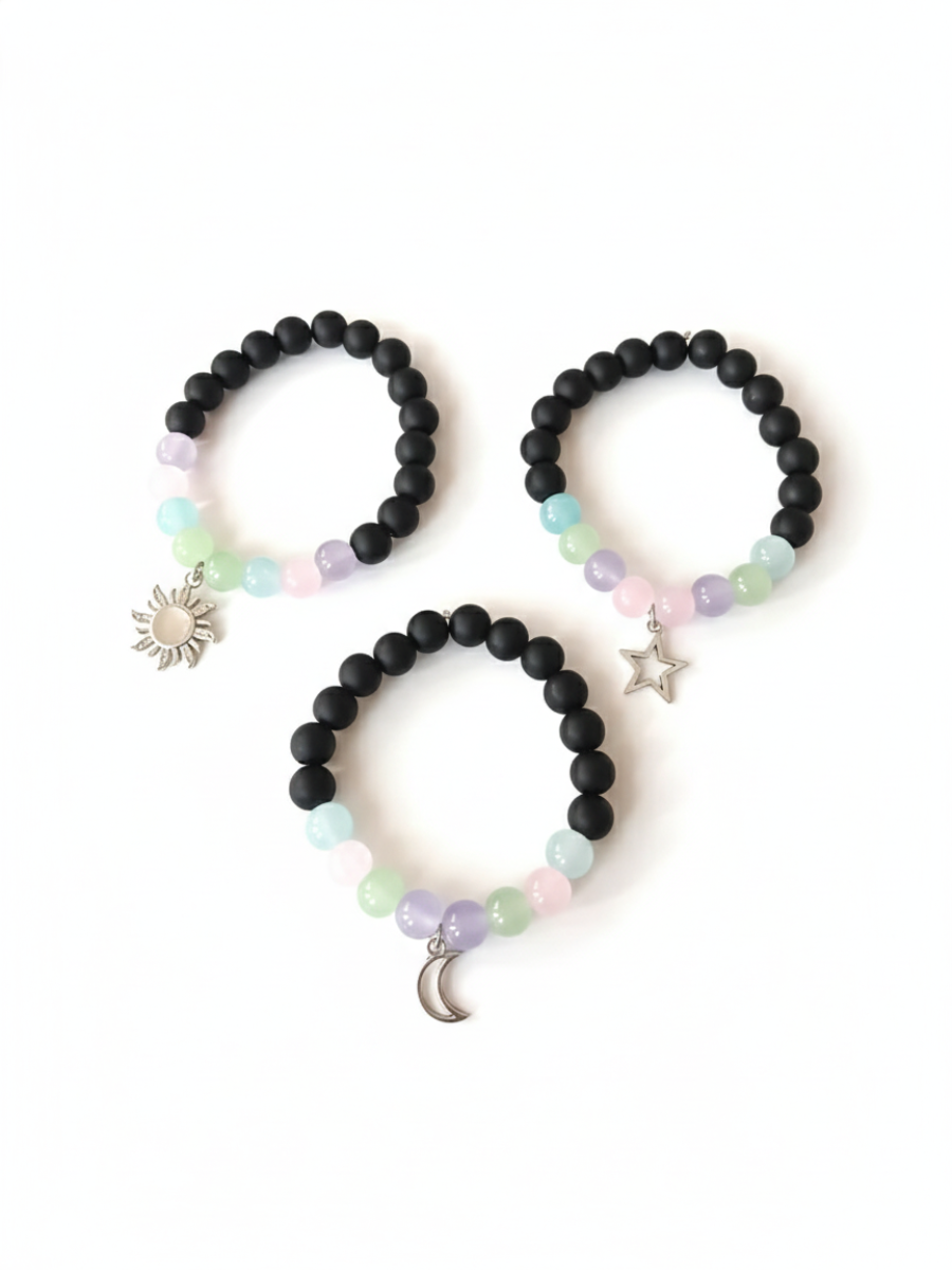 Star, Moon and Sun Charms Black and Pastel Beaded Bracelets