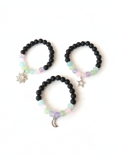 Star, Moon and Sun Charms Black and Pastel Beaded Bracelets