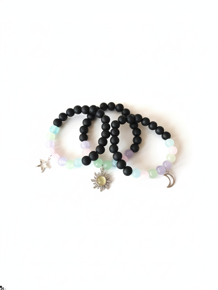 Black and Pastel Beaded Star, Moon and Sun Charms Bracelets