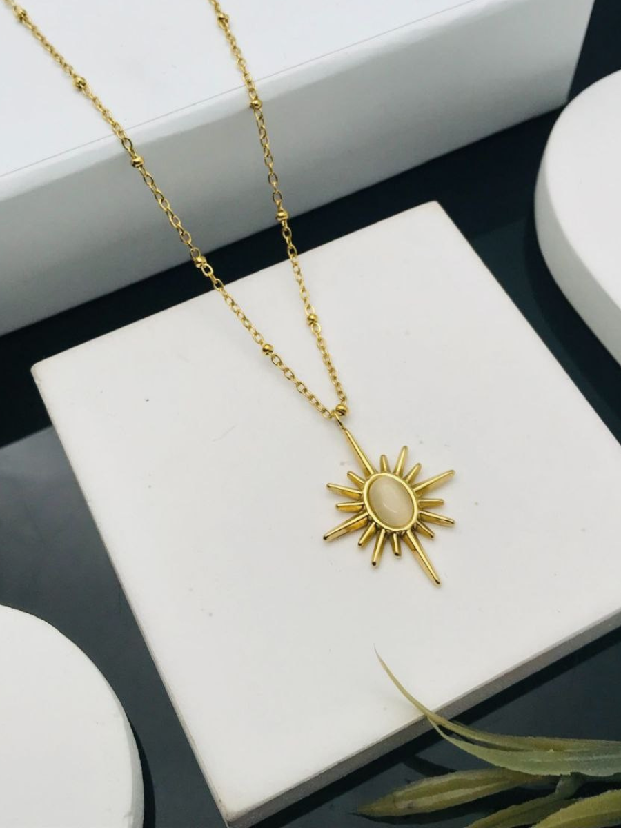Celestial Sunburst Charm Pendant Gold Chain Necklace