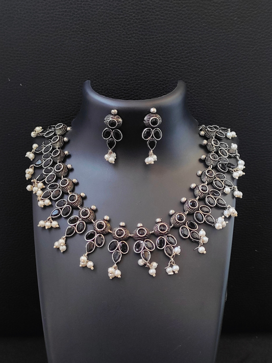 Buy Classic Black Stone Oxidised Silver Necklace Set with Earrings - TheJewelbox