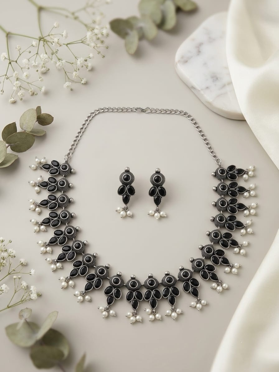 Buy Classic Black Stone Oxidised Silver Necklace Set with Earrings Online in India