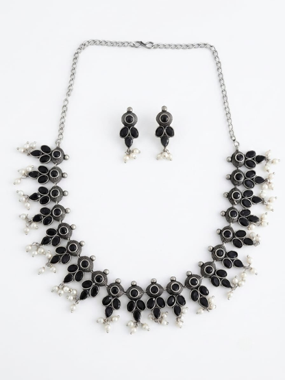 Classic Black Stone Oxidised Silver Necklace Set with Earrings
