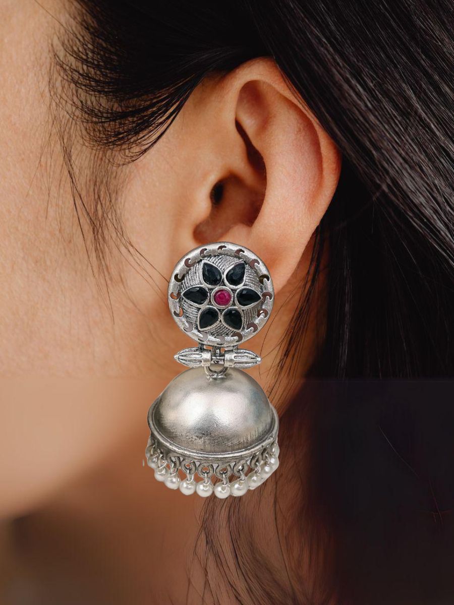 Classic Black Stones Floral Oxidised Silver Jhumka Earrings