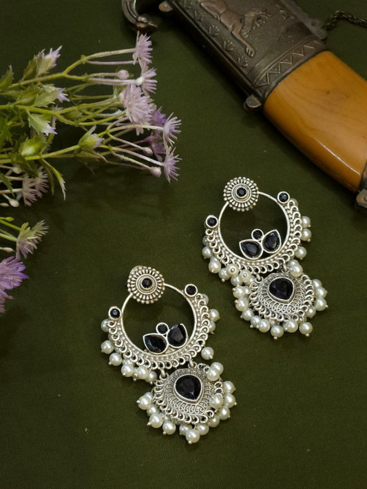 Buy Classic Black Stones Oxidised Silver Chandbali Earrings Online - TheJewelbox