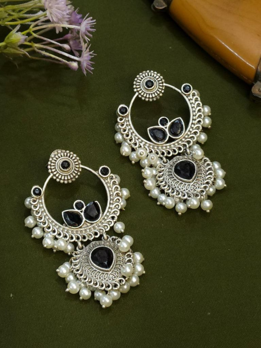 Classic Black Stones Oxidised Silver Chandbali Earrings