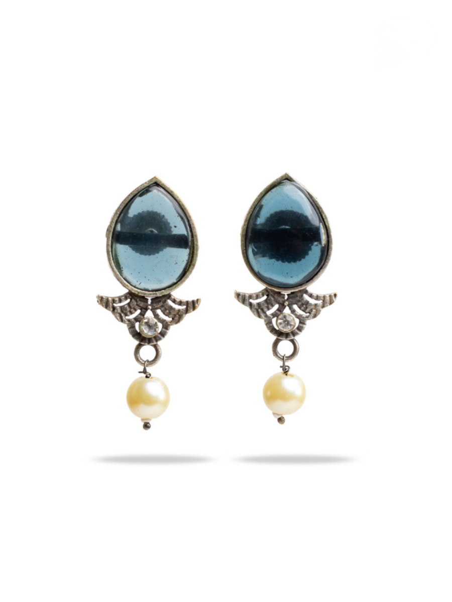 Classic Blue Stone Studded Oxidised Silver Stud Earrings